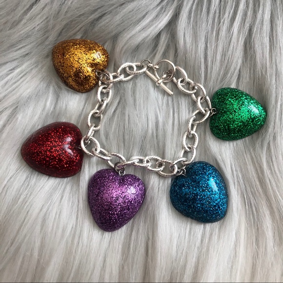 Rainbow Glitter Resin Heart 80s Charm Bracelet 💕 - Picture 3 of 7